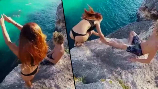 Η σοκαριστική αντίδραση ενός άνδρα όταν η κοπέλα του πέφτει από βράχο